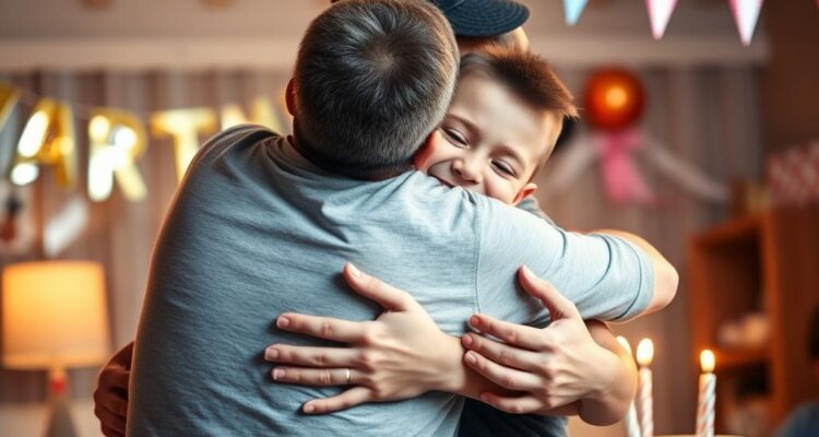 Ojciec przytulający syna podczas urodzin, uśmiechnięci i szczęśliwi