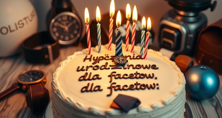 Tort urodzinowy z napisem życzenia urodzinowe dla facetów i męskimi akcesoriami